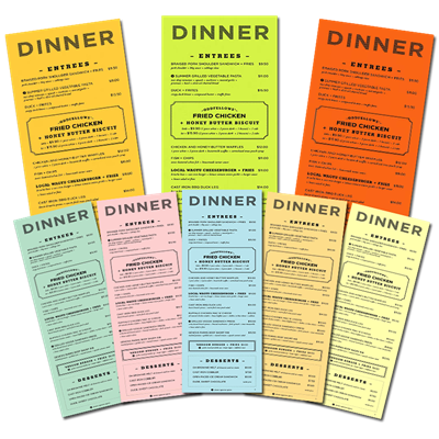 Menus 4.25" x 11" Colored Stock